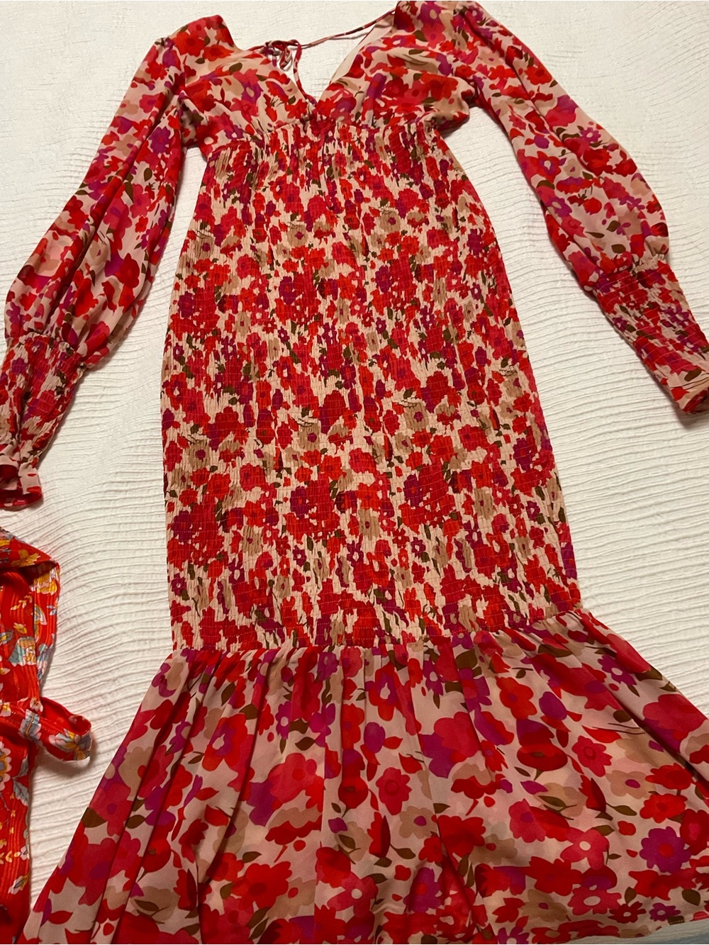 Luxxel Red and Pink Floral Smocked Maxi Dress